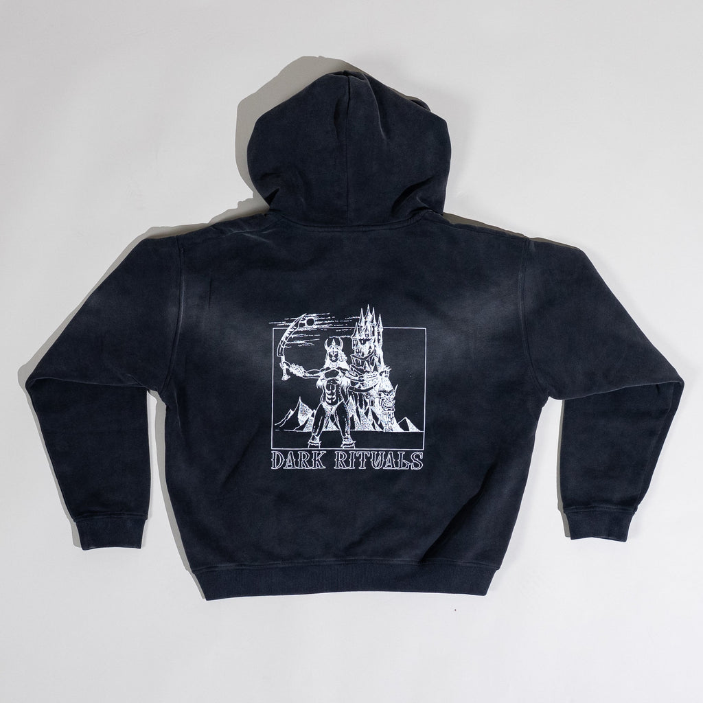 Faded black zip hoodie with 'Blood Goddess' design on the back against a white background